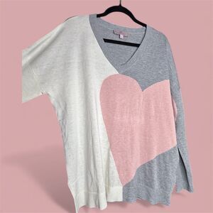 Laurie Felt Women's Cashmere Blend V-Neck Colorblock Pink Heart Sweater - L